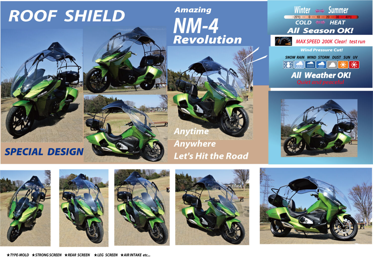 ＲＯＯＦ-ＳＨＩＥＬＤ – バイク用ルーフキット。どんなバイクにも装着可能。ルーフシールドを装着するとバイクの 弱点であった  雨、風、寒さ、暑さ、粉じんなどをシャットアウト。 一年中快適至福のバイクライフがあなたを待っています。屋根付きバイクの決定版